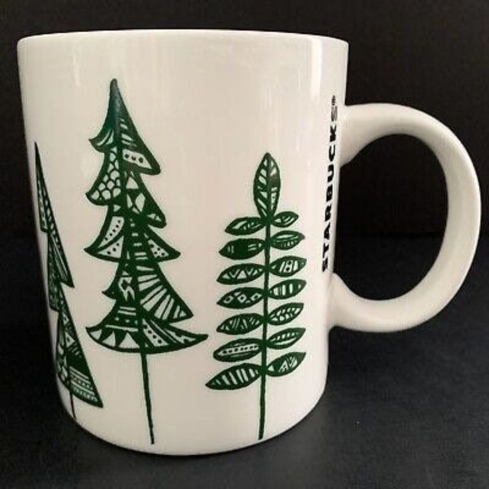 2015 Starbucks Christmas Tree Mug White with Green Trees 12 oz